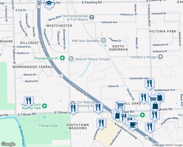 map of restaurants, bars, coffee shops, grocery stores, and more near 6823 John Street in Fort Wayne