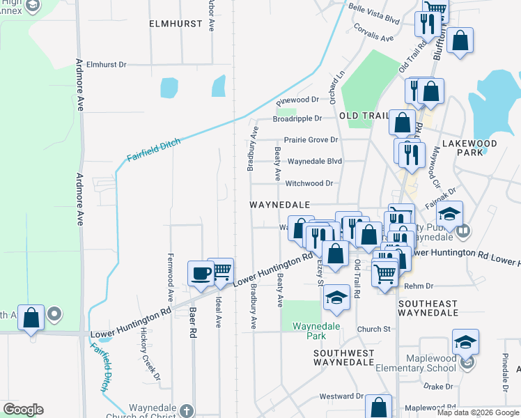 map of restaurants, bars, coffee shops, grocery stores, and more near 3009 Fairoak Drive in Fort Wayne