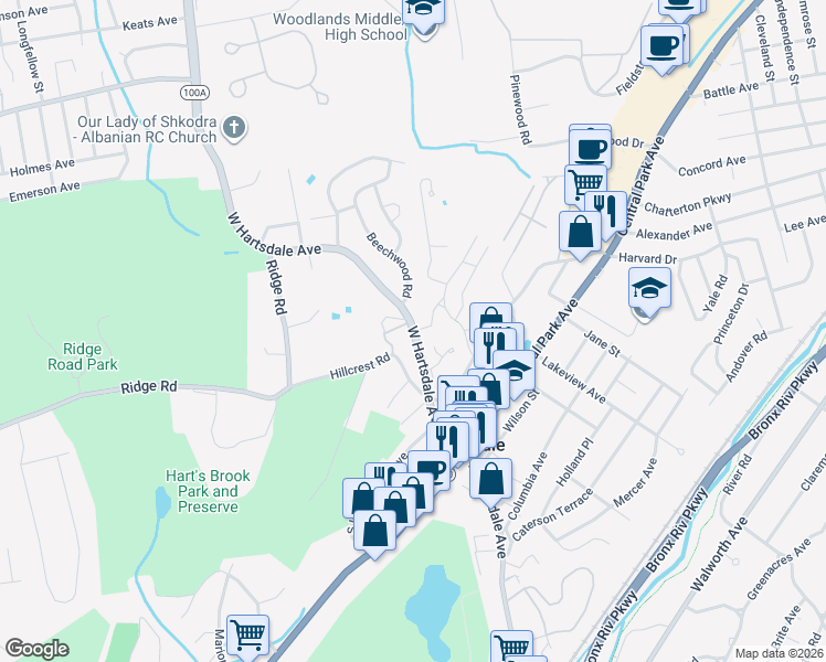 map of restaurants, bars, coffee shops, grocery stores, and more near West Hartsdale Avenue & Pinewood Road in Hartsdale