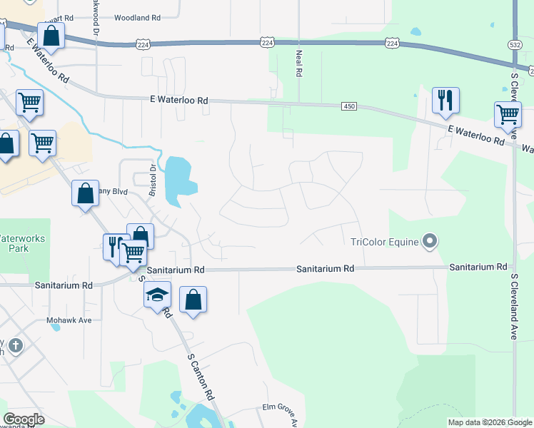 map of restaurants, bars, coffee shops, grocery stores, and more near 3263 Foxford Court in Akron