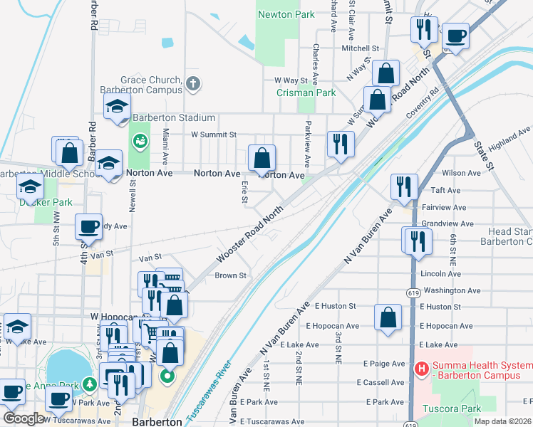 map of restaurants, bars, coffee shops, grocery stores, and more near 508 Wooster Road North in Barberton