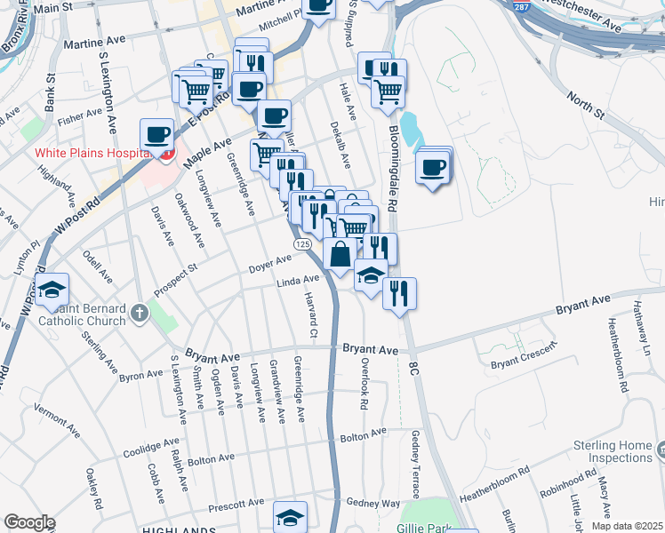 map of restaurants, bars, coffee shops, grocery stores, and more near 19 Old Mamaroneck Road in White Plains