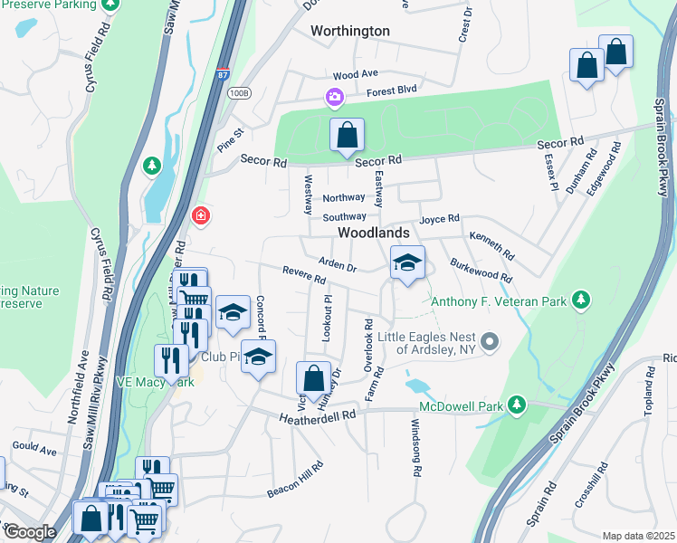 map of restaurants, bars, coffee shops, grocery stores, and more near 36 Revere Road in Ardsley