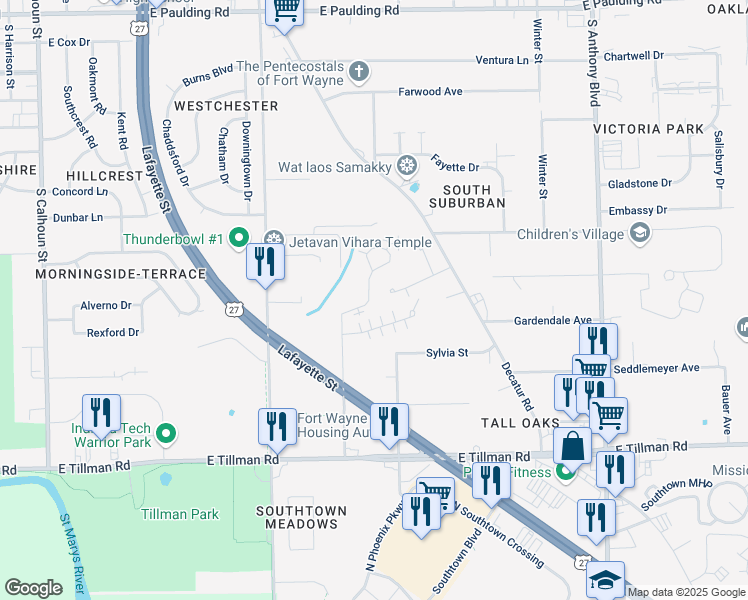 map of restaurants, bars, coffee shops, grocery stores, and more near 6823 John Street in Fort Wayne