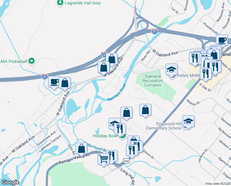 map of restaurants, bars, coffee shops, grocery stores, and more near 30 Riverside Drive in Oakland