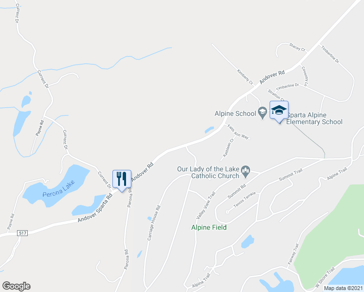 map of restaurants, bars, coffee shops, grocery stores, and more near 206 Andover Road in Sparta Township
