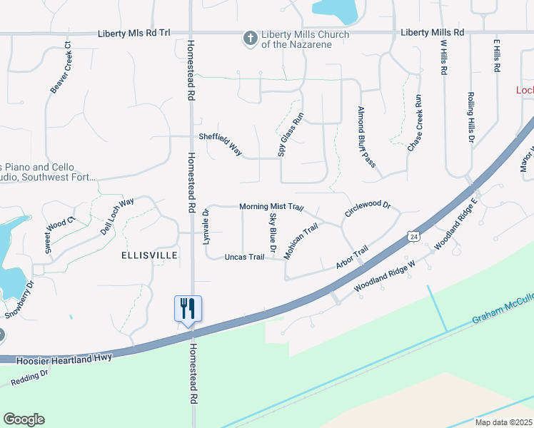map of restaurants, bars, coffee shops, grocery stores, and more near 6710 Sky Blue Dr in Fort Wayne