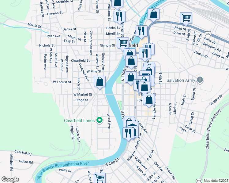 map of restaurants, bars, coffee shops, grocery stores, and more near 2 East Market Street in Clearfield