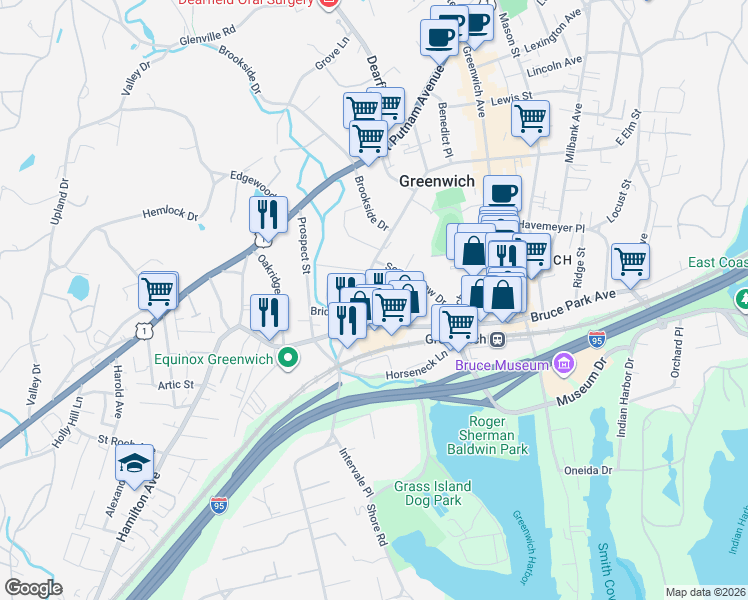 map of restaurants, bars, coffee shops, grocery stores, and more near 54 Woodland Drive in Greenwich