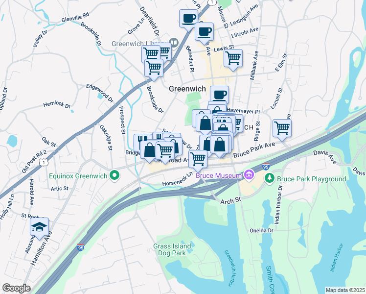 map of restaurants, bars, coffee shops, grocery stores, and more near 7 Woodland Drive in Greenwich