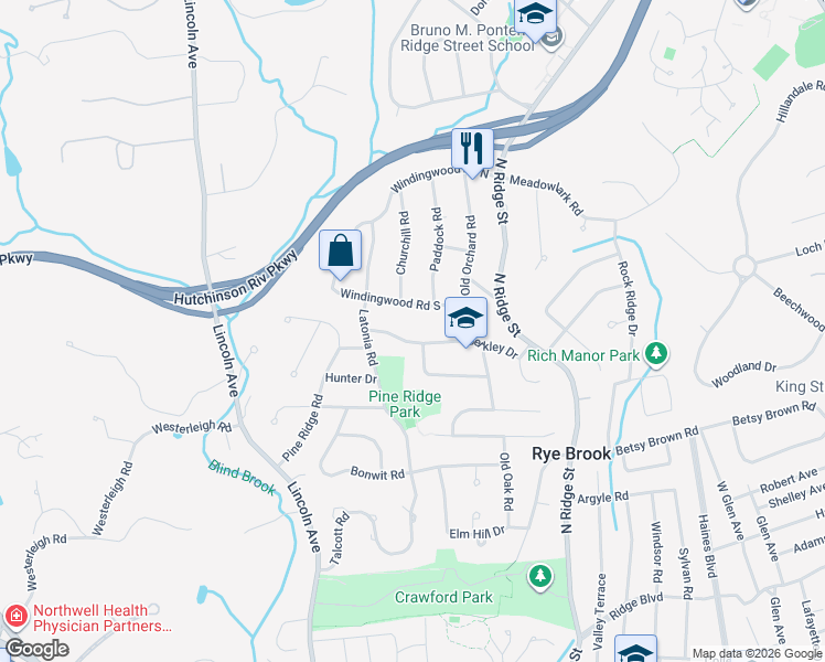 map of restaurants, bars, coffee shops, grocery stores, and more near 7 Berkley Drive in Rye Brook