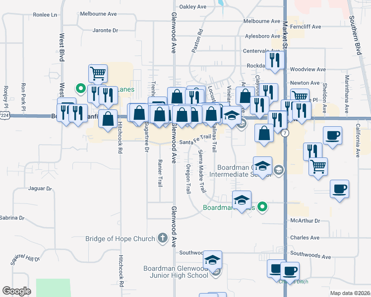 map of restaurants, bars, coffee shops, grocery stores, and more near 7372 Oregon Trail in Youngstown