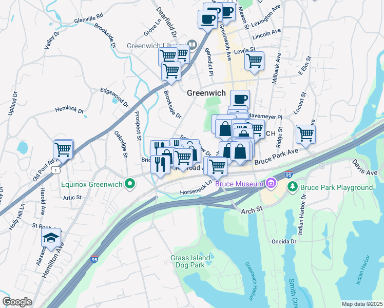 map of restaurants, bars, coffee shops, grocery stores, and more near 23 Woodland Drive in Greenwich