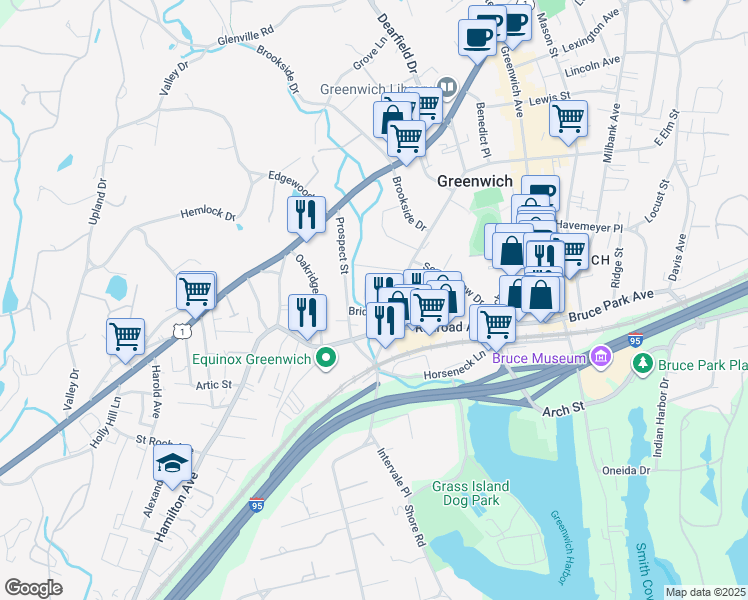 map of restaurants, bars, coffee shops, grocery stores, and more near 200 Field Point Road in Greenwich