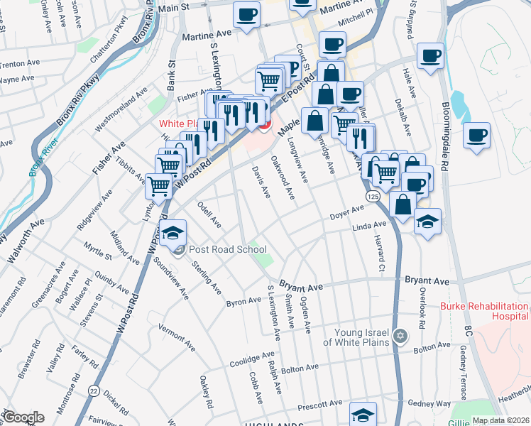 map of restaurants, bars, coffee shops, grocery stores, and more near 26 Prospect Street in White Plains