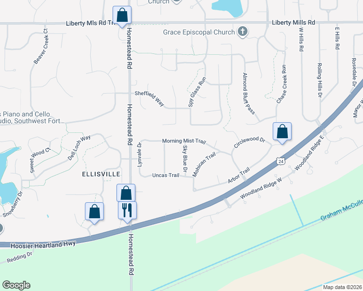 map of restaurants, bars, coffee shops, grocery stores, and more near 6710 Sky Blue Dr in Fort Wayne