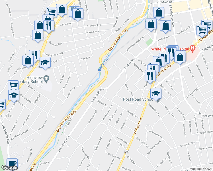 map of restaurants, bars, coffee shops, grocery stores, and more near 322 Fisher Avenue in White Plains