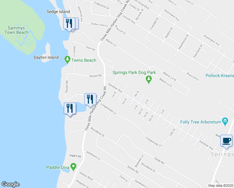 map of restaurants, bars, coffee shops, grocery stores, and more near 22 1st Street in East Hampton