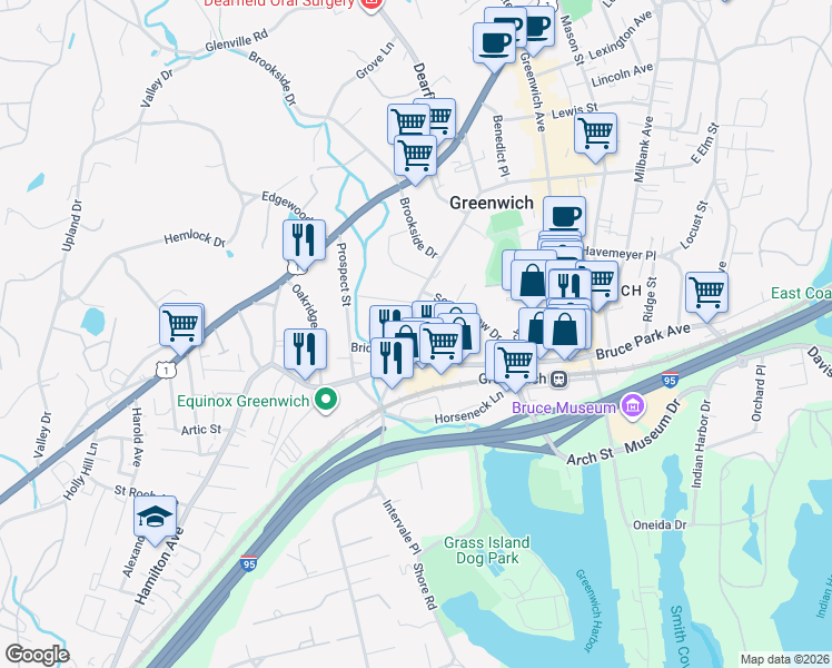 map of restaurants, bars, coffee shops, grocery stores, and more near 175 Field Point Road in Greenwich