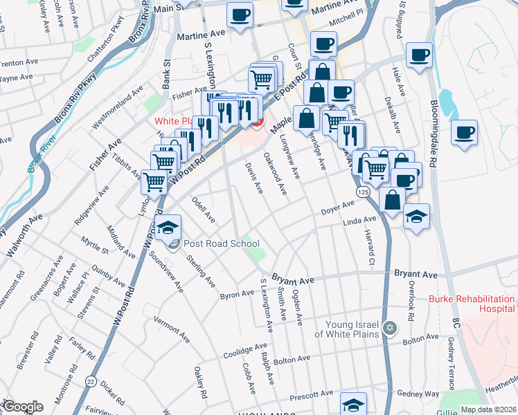 map of restaurants, bars, coffee shops, grocery stores, and more near 26 Prospect Street in White Plains