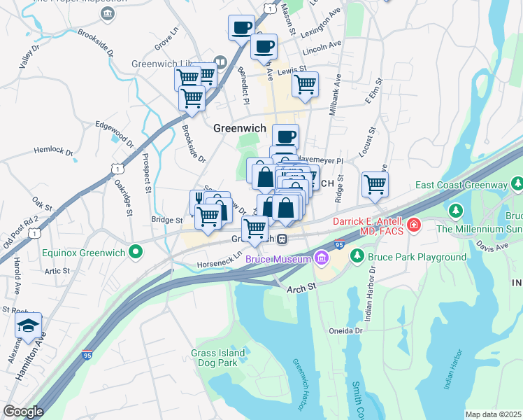 map of restaurants, bars, coffee shops, grocery stores, and more near 2 Sound View Drive in Greenwich