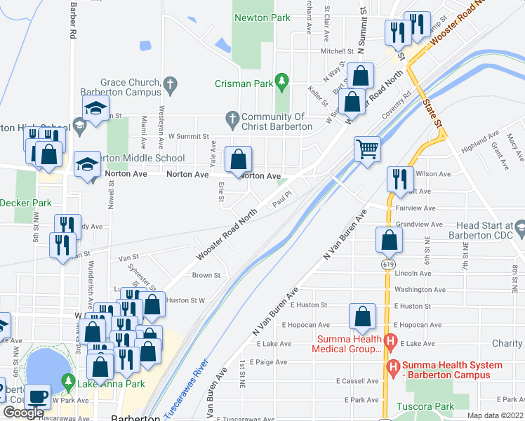 map of restaurants, bars, coffee shops, grocery stores, and more near 537 Wooster Rd N in Barberton