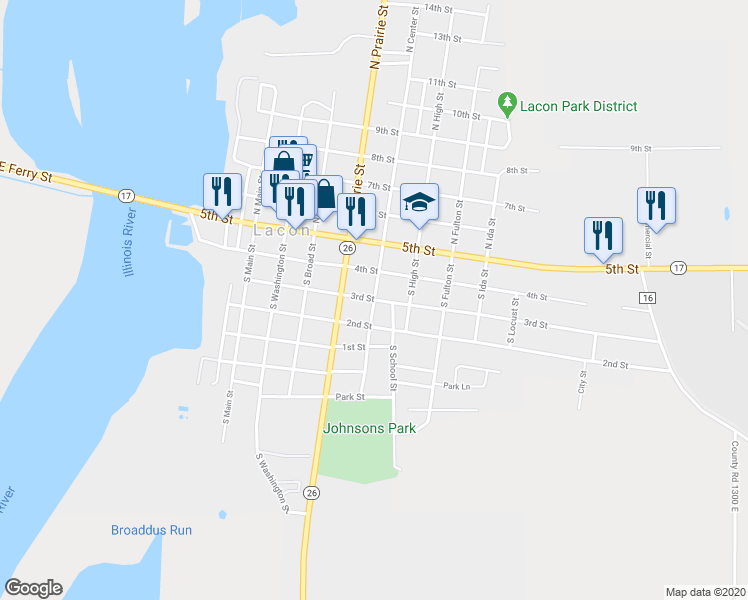 map of restaurants, bars, coffee shops, grocery stores, and more near 301 South Center Street in Lacon