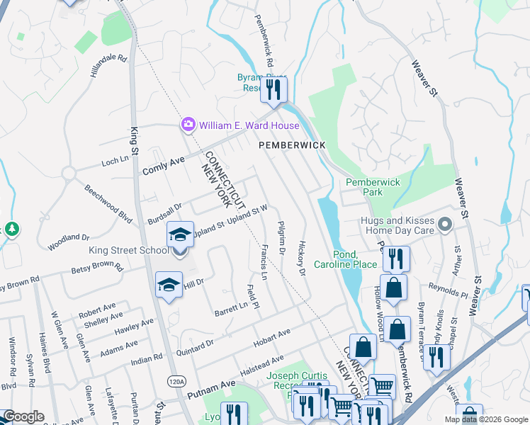 map of restaurants, bars, coffee shops, grocery stores, and more near 8 Pilgrim Drive in Greenwich