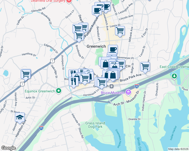 map of restaurants, bars, coffee shops, grocery stores, and more near 3 Woodland Drive in Greenwich