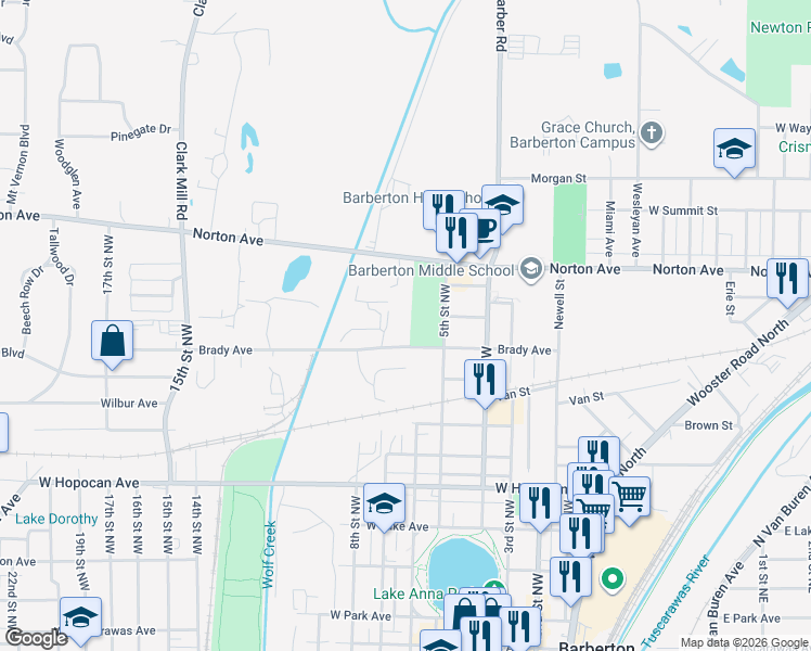map of restaurants, bars, coffee shops, grocery stores, and more near 633 Brady Avenue in Barberton