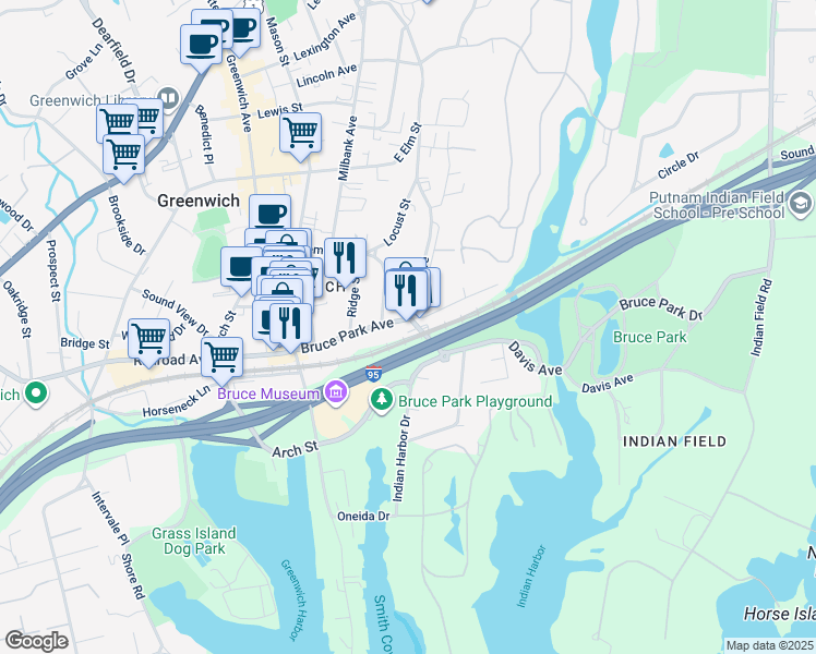 map of restaurants, bars, coffee shops, grocery stores, and more near 100 Bruce Park Avenue in Greenwich