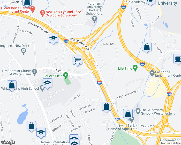 map of restaurants, bars, coffee shops, grocery stores, and more near in White Plains