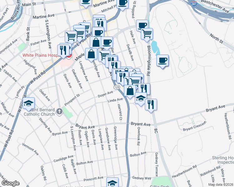 map of restaurants, bars, coffee shops, grocery stores, and more near 70 Linda Avenue in White Plains