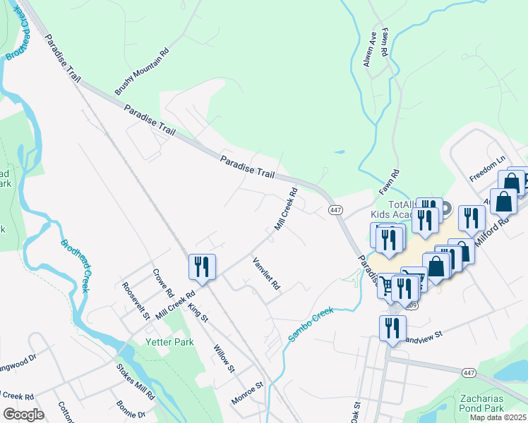 map of restaurants, bars, coffee shops, grocery stores, and more near 22 Mill Creek Road in Stroudsburg