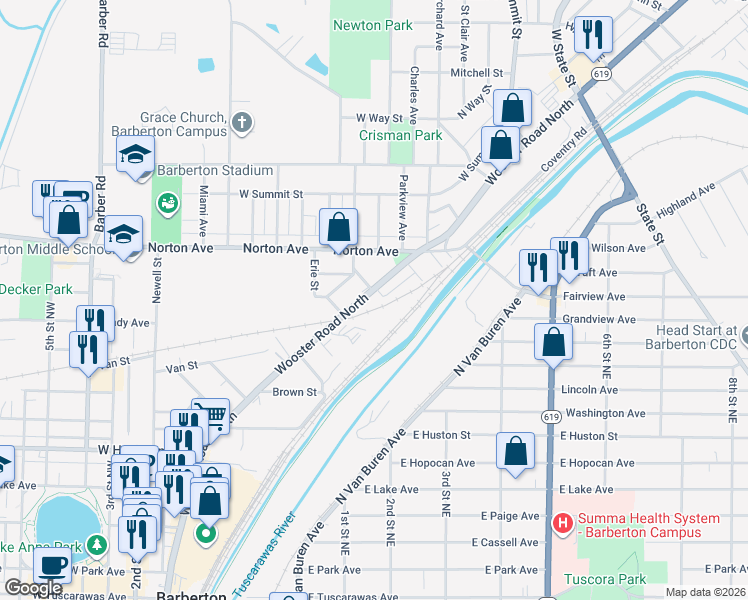 map of restaurants, bars, coffee shops, grocery stores, and more near 537 Wooster Road North in Barberton