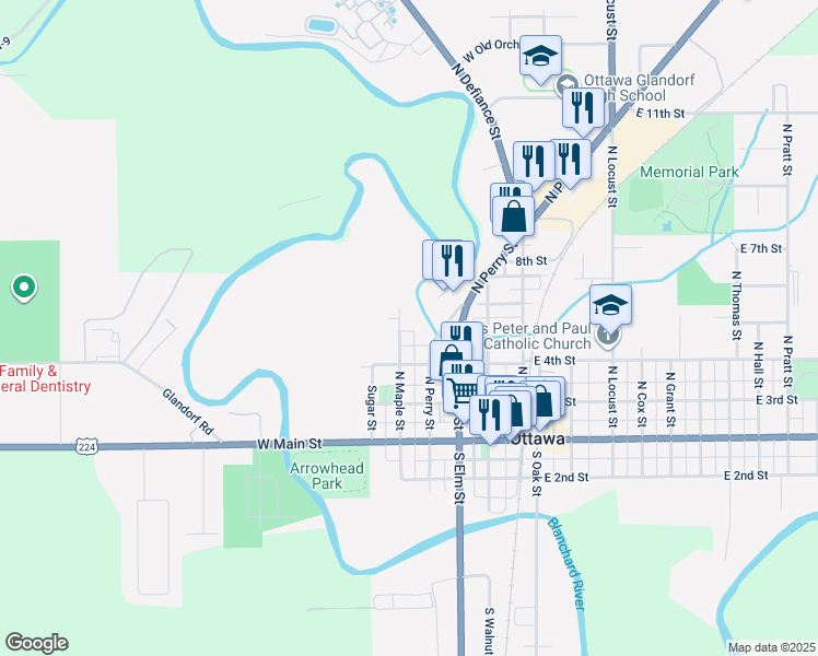 map of restaurants, bars, coffee shops, grocery stores, and more near 314 North Maple Street in Ottawa