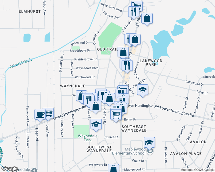 map of restaurants, bars, coffee shops, grocery stores, and more near 6605 Old Trail Road in Fort Wayne