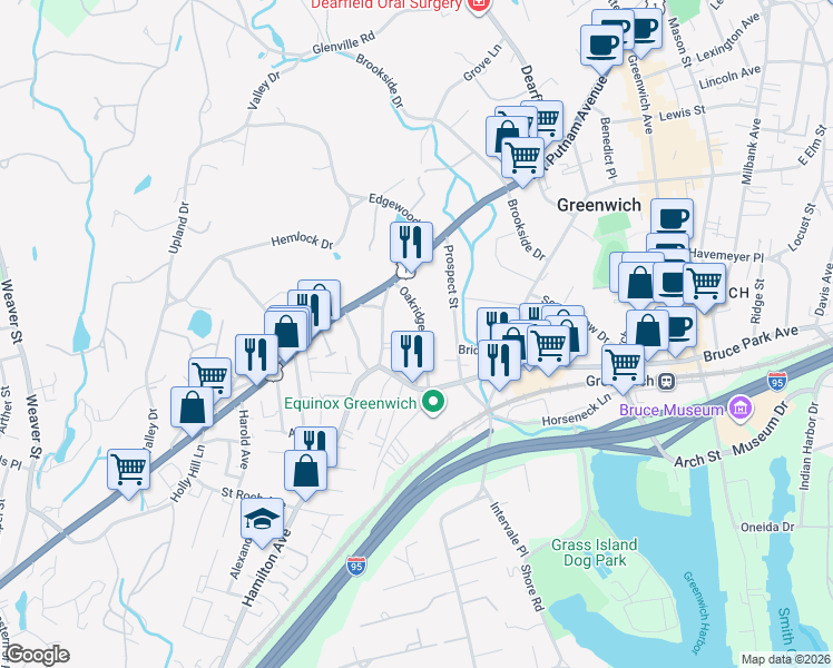 map of restaurants, bars, coffee shops, grocery stores, and more near 56 Oakridge Street in Greenwich