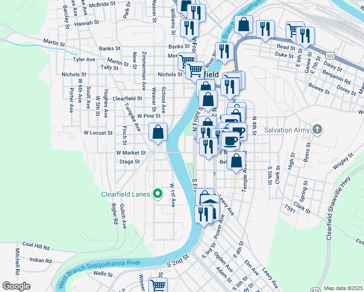 map of restaurants, bars, coffee shops, grocery stores, and more near 2 East Market Street in Clearfield