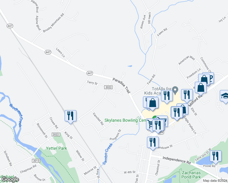 map of restaurants, bars, coffee shops, grocery stores, and more near 505 Walnut Grove in East Stroudsburg