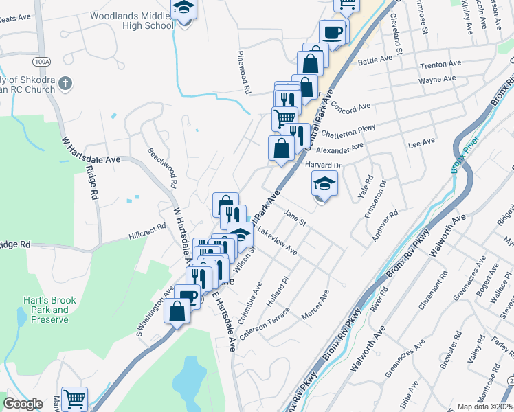 map of restaurants, bars, coffee shops, grocery stores, and more near in Hartsdale