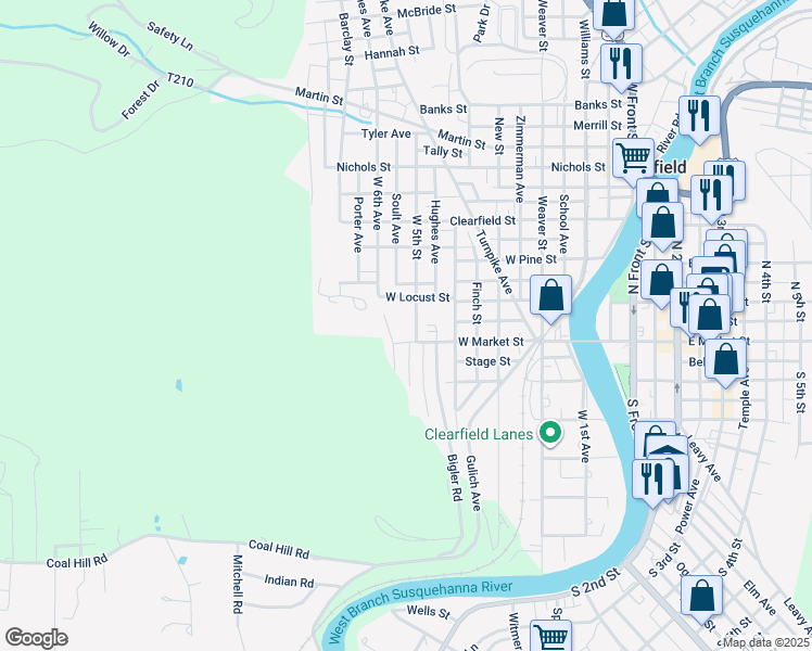 map of restaurants, bars, coffee shops, grocery stores, and more near 8 West 5th Street in Clearfield