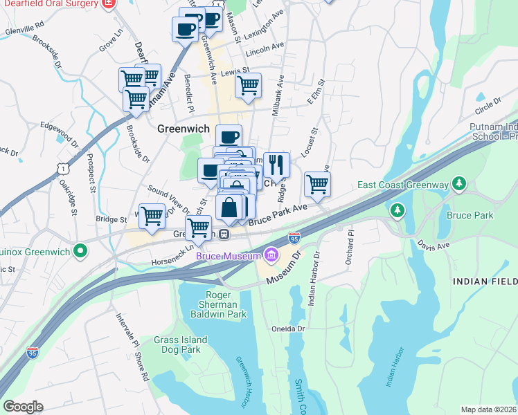 map of restaurants, bars, coffee shops, grocery stores, and more near 36 Bruce Park Avenue in Greenwich