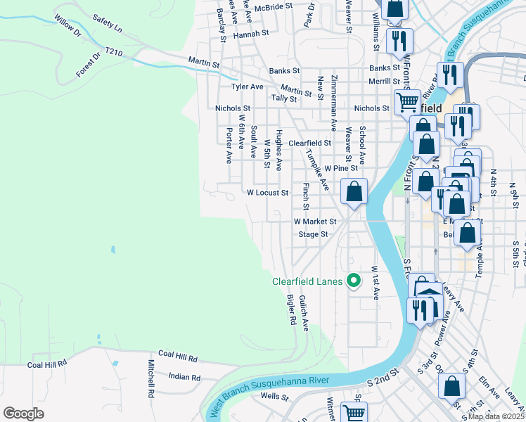 map of restaurants, bars, coffee shops, grocery stores, and more near 8 West 5th Street in Clearfield