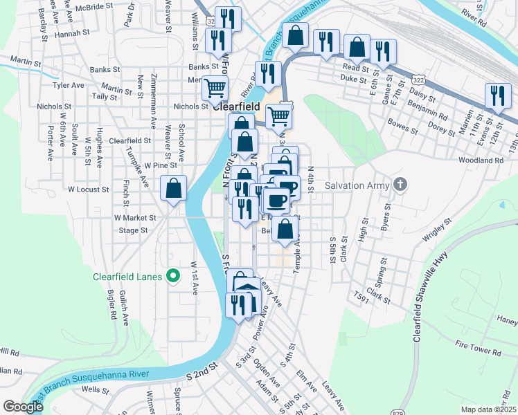 map of restaurants, bars, coffee shops, grocery stores, and more near 201 East Market Street in Clearfield