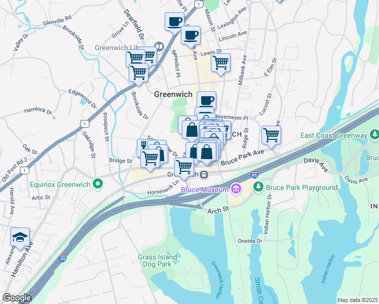map of restaurants, bars, coffee shops, grocery stores, and more near 2 Sound View Drive in Greenwich