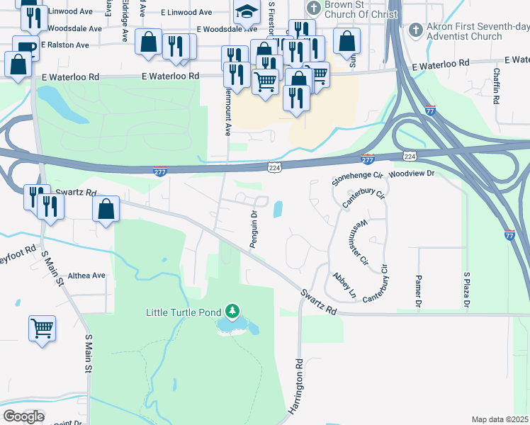 map of restaurants, bars, coffee shops, grocery stores, and more near 2147 Penguin Drive in Akron