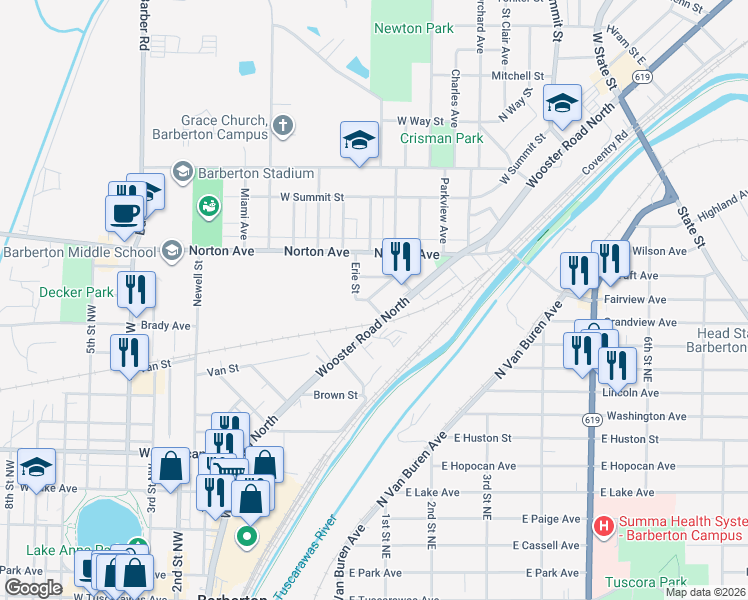 map of restaurants, bars, coffee shops, grocery stores, and more near 508 Wooster Road North in Barberton