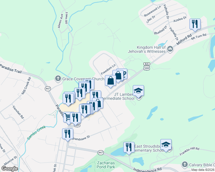map of restaurants, bars, coffee shops, grocery stores, and more near 771 Milford Road in East Stroudsburg