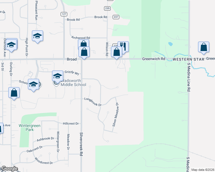 map of restaurants, bars, coffee shops, grocery stores, and more near 911 Devonwood Drive in Wadsworth